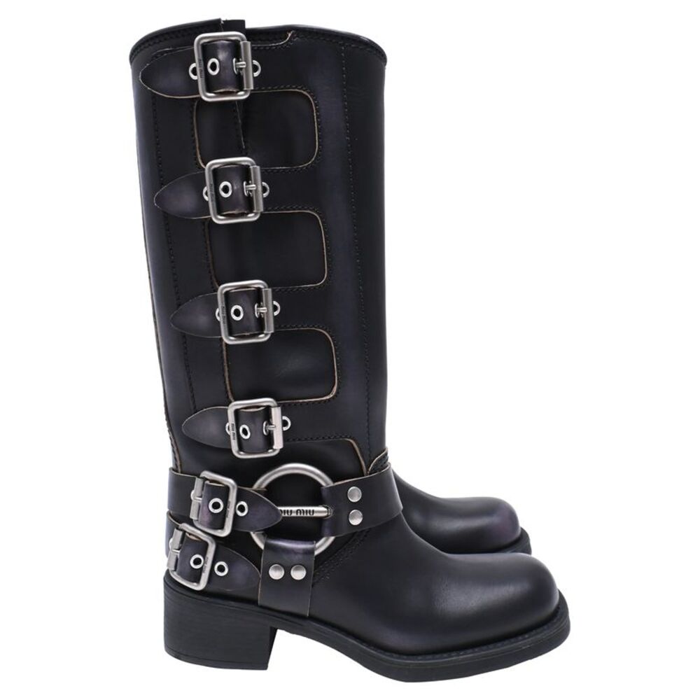 Miu Miu Buckle Strap Biker Boots in Black Leather